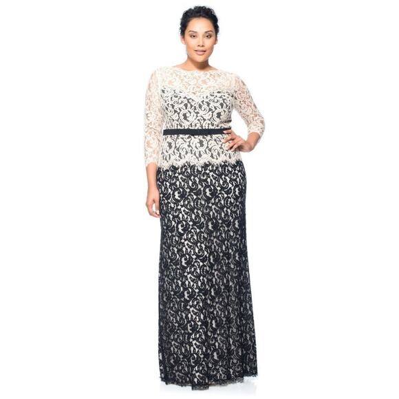 Tadashi Shoji Illusion Lace Gown •14• Maxi Dress Formal Evening Black Ivory $548 - Picture 1 of 15